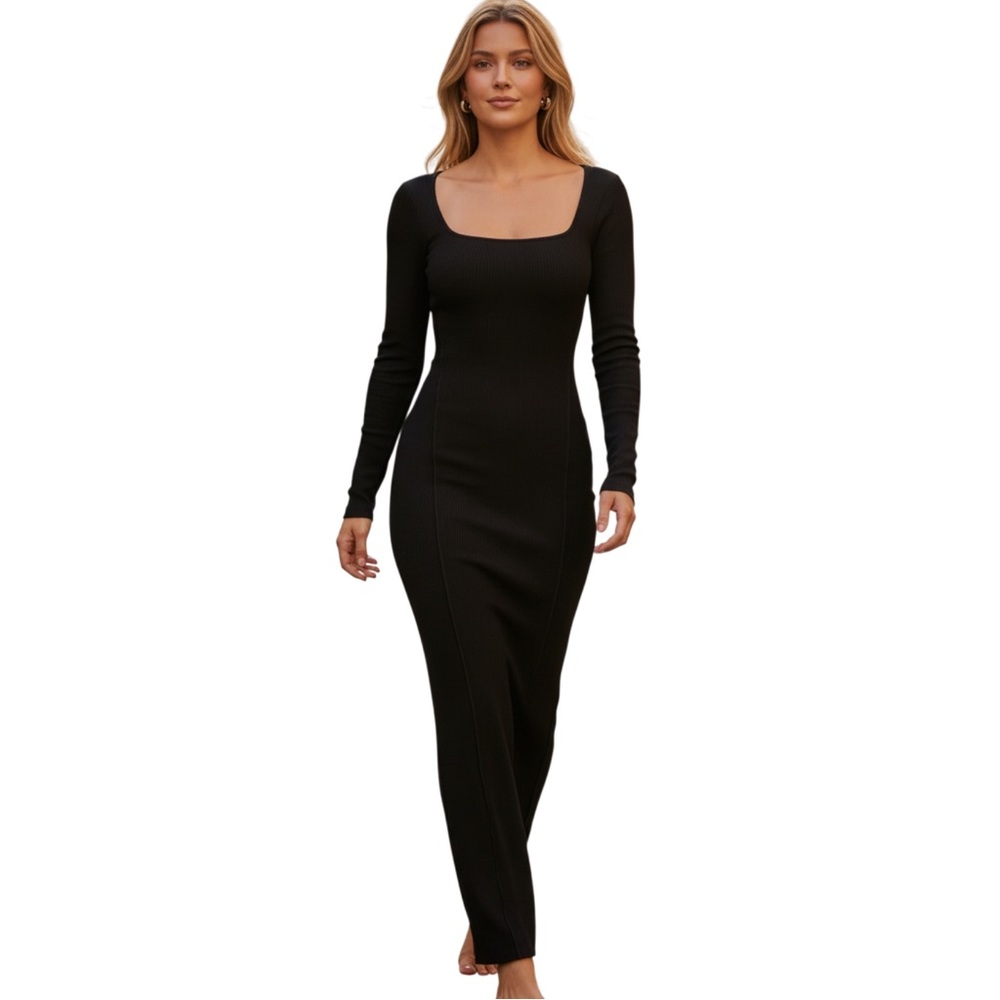 SKIMS Social Sensation Soft Lounge Long‎ Maxi Long-Sleeve Dress, Color Onyx,  XS